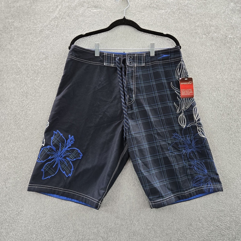 Speedo Men Swimwear 32 Blue Floral Embroidery Swim Trunks Plaid Speedry